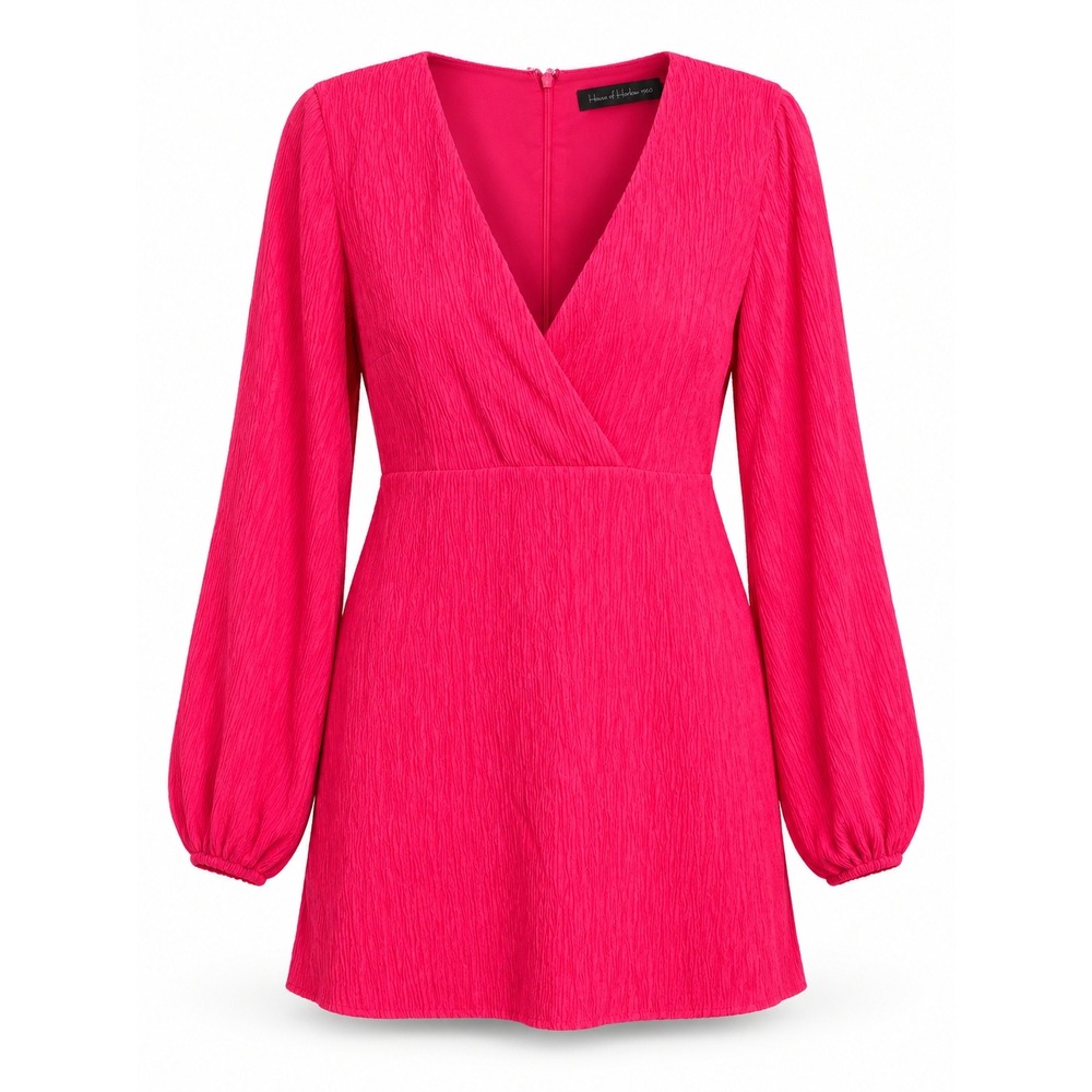 House of Harlow 1960 Pink Textured Mini Dress Long Sleeve V-Neck faux Wrap Style
